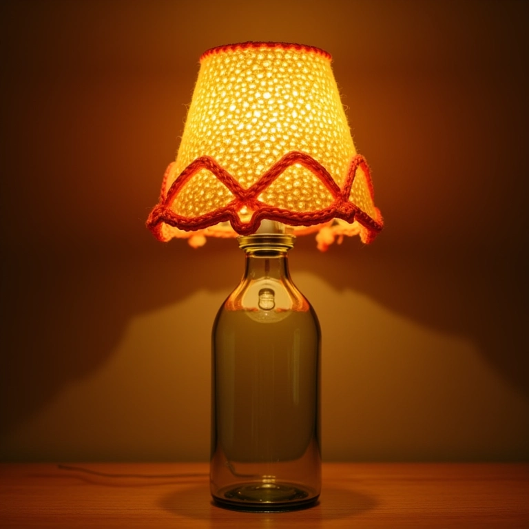 Abajur de crochê em garrafa de vidro, iluminação aconchegante.