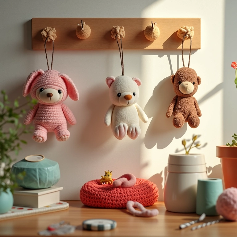 Acessórios organizados em cabides decorados com amigurumis.