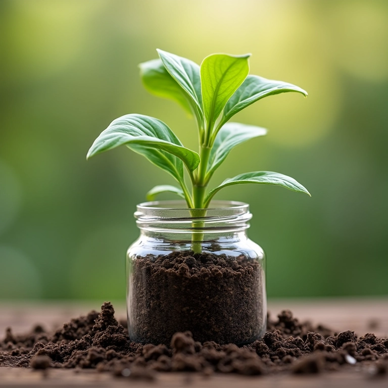 Adubo orgânico sendo adicionado a uma planta em garrafa pet, solo rico em nutrientes.
