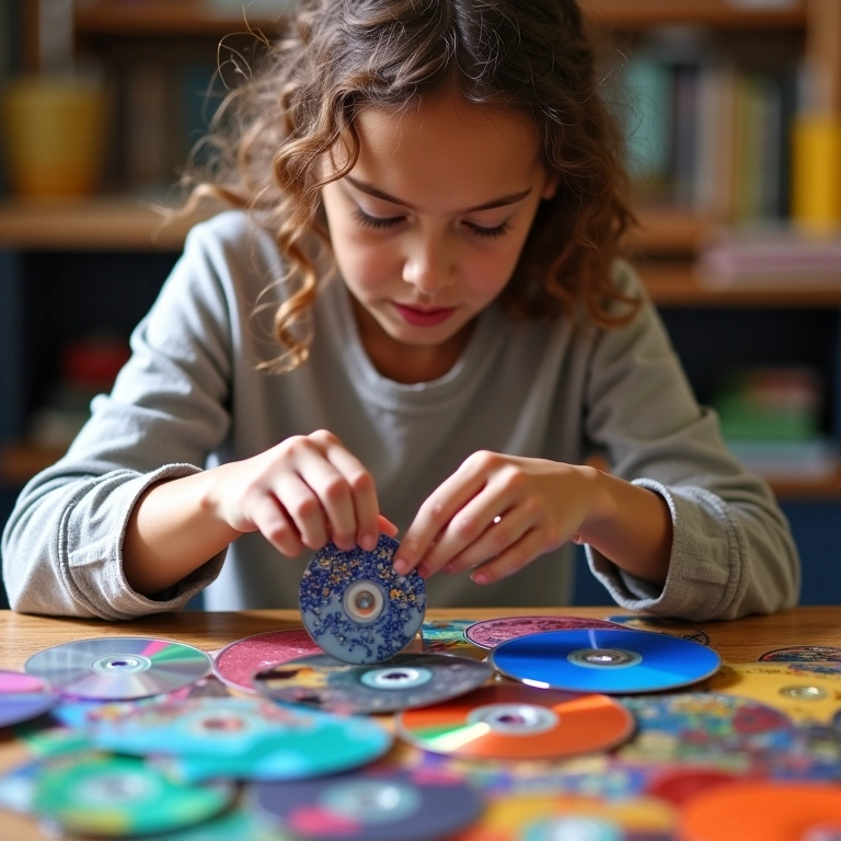 Adulto criando artesanato com CDs reciclados em estúdio colorido.