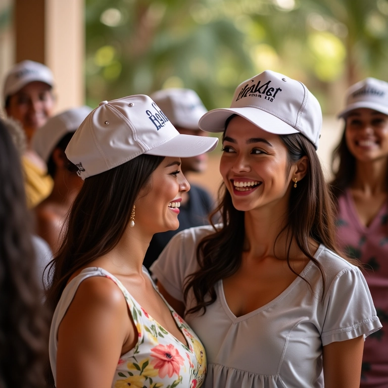 Adultos em chá de bebê celebrando com bonés personalizados temáticos, celebrando a chegada do bebê.