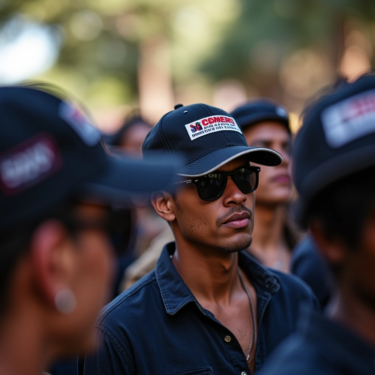 Adultos em evento corporativo usando bonés personalizados com o logo da empresa, fortalecendo a marca.