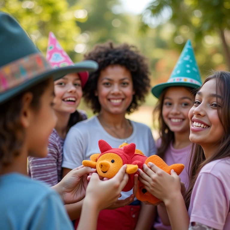 Adultos em festa infantil distribuindo bonés personalizados, demonstrando alegria e diversão.
