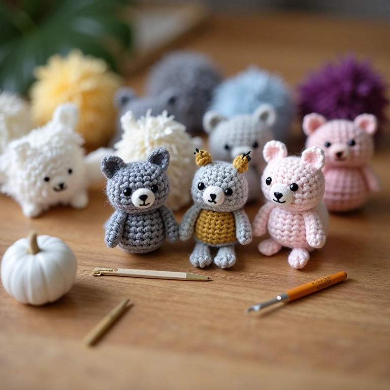 Agulha de crochê entre amigurumis inacabados, como economizar nas lembrancinhas de casamento.