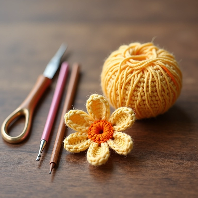 Agulhas de crochê e lã ao lado de amigurumi de flor.