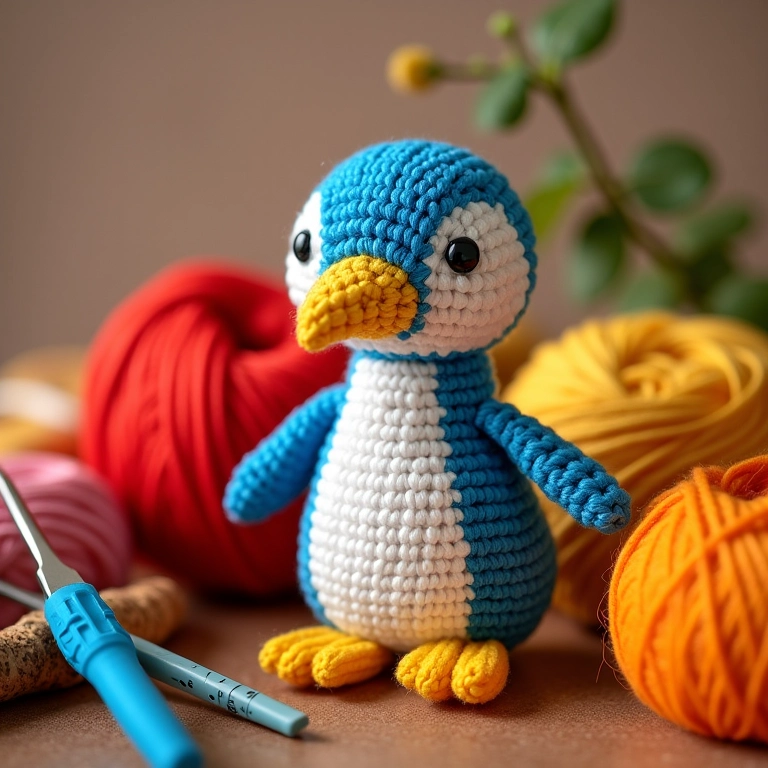 Agulhas e lãs com amigurumi colorido, estilo Pingouin.