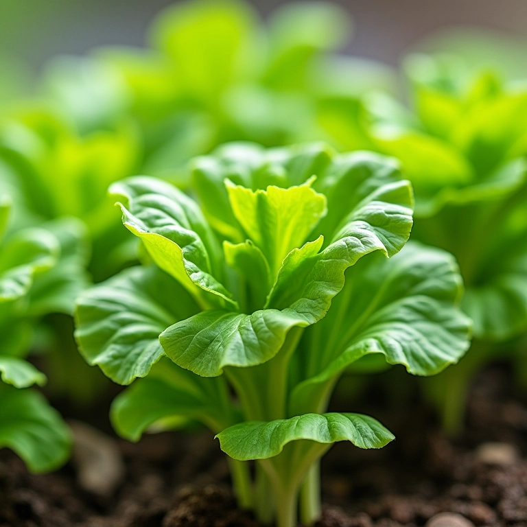 Alface e espinafre compactos crescendo em garrafas pet, em close-up.