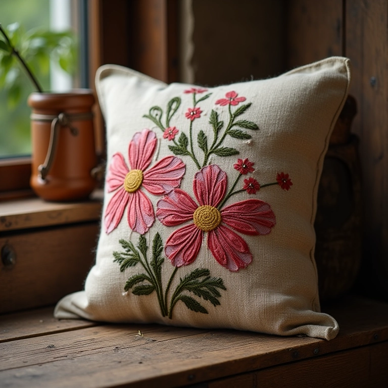 Almofada de tricô com flores bordadas à mão.