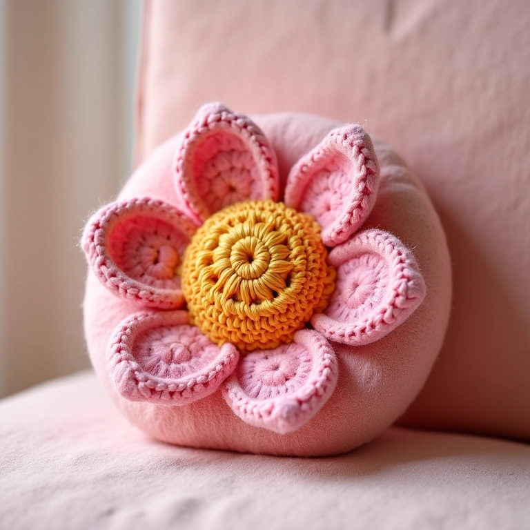 Almofada decorativa com aplicação de flores de feltro em amigurumi.