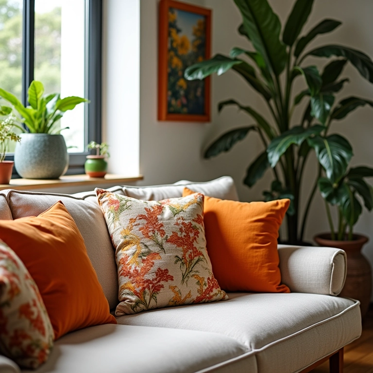 Almofadas de fuxico coloridas em sofá.