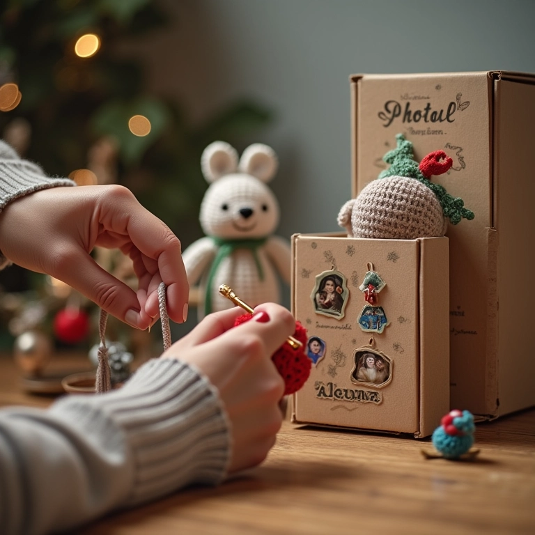 Amigurumi ao lado de caixa MDF decorada com fotos.