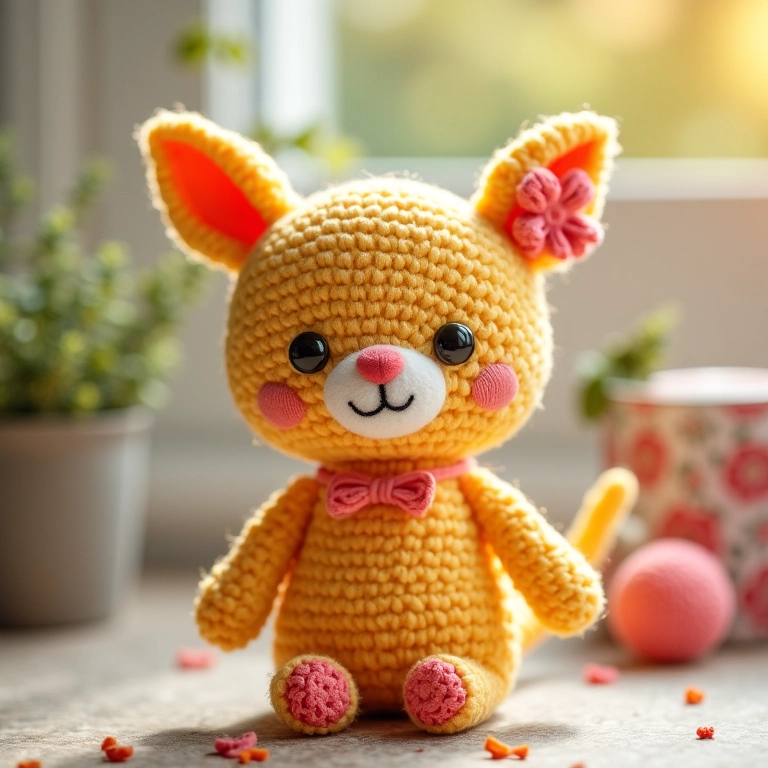 Amigurumi com bico de crochê com flores.