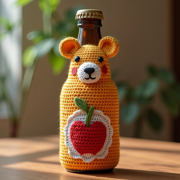 Amigurumi com padrão de decoupage em crochê, garrafa customizada com arte e criatividade.