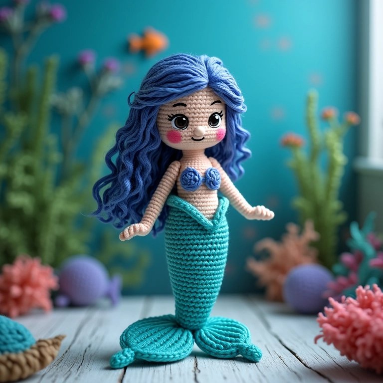 Amigurumi da Ariel em crochê, cenário submarino.