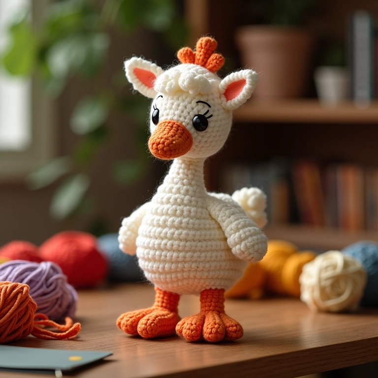 Amigurumi da Galinha Pintadinha em crochê, cores vibrantes, cenário aconchegante.