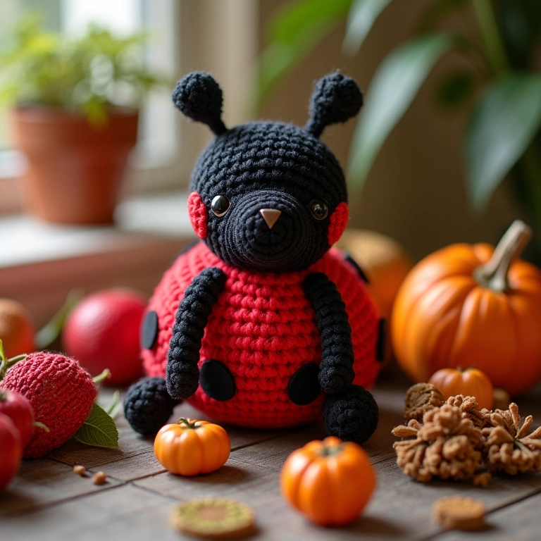 Amigurumi da Ladybug em destaque, ideal para decoração de festas.