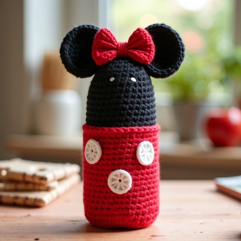 Amigurumi da Minnie Vermelha em crochê, cobrindo uma garrafinha.