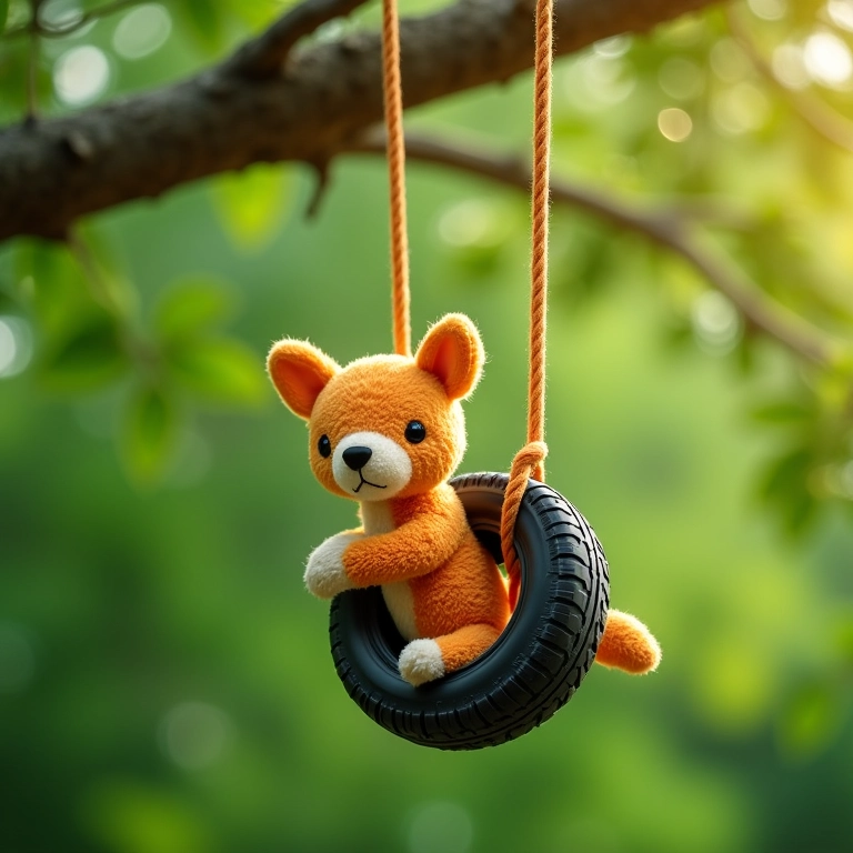 Amigurumi de balanço de pneu pendurado em galho de árvore.