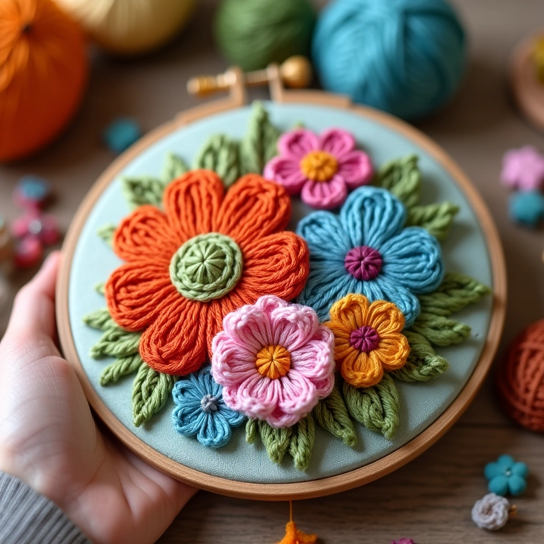 Amigurumi de bastidor com bordado floral russo detalhado.
