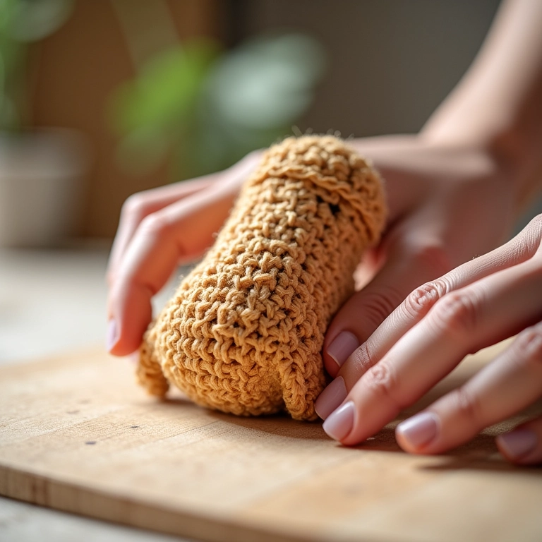 Amigurumi de bloco de lixa suavizando a superfície de um MDF em crochê.