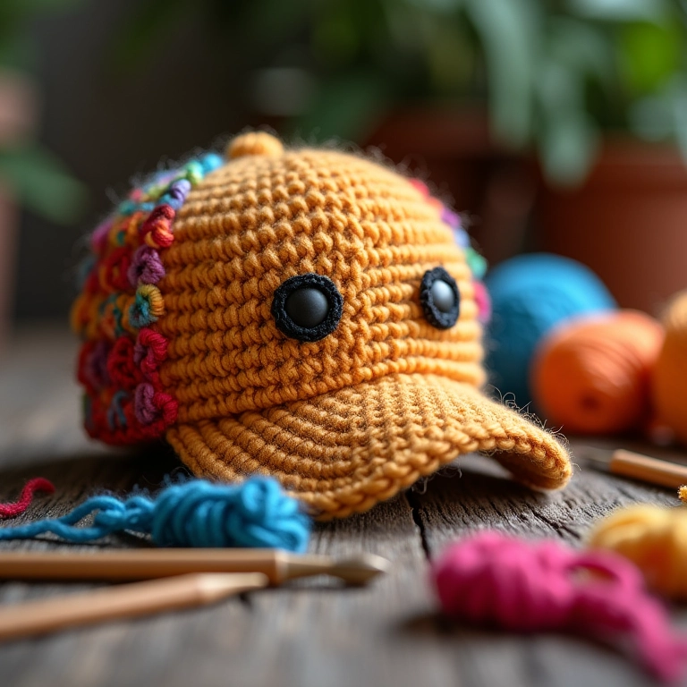 Amigurumi de boné de crochê colorido.
