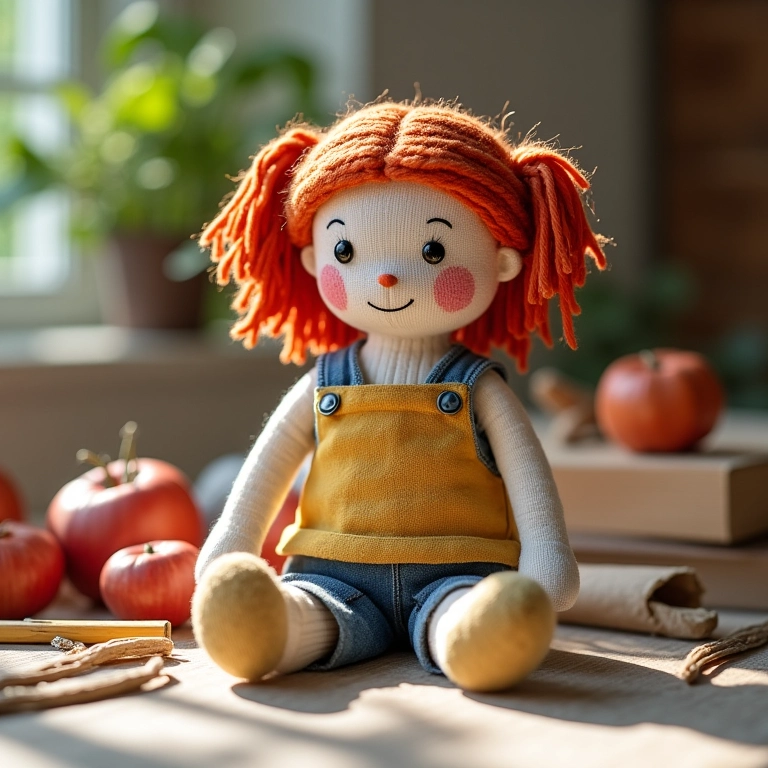 Amigurumi de boneca de pano artesanal cercada por materiais de crochê.