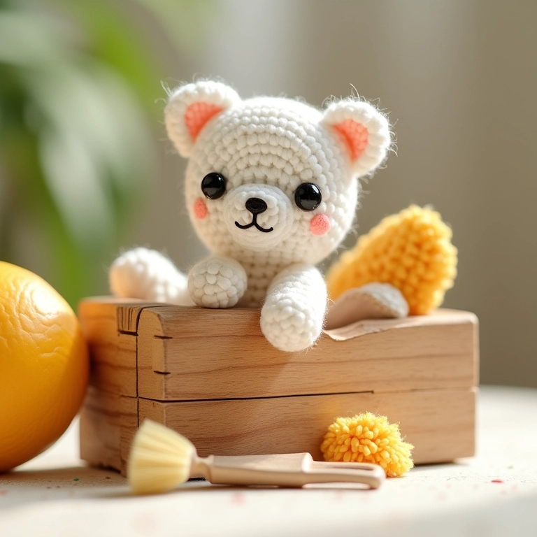 Amigurumi de caixa de madeira com ferramentas de limpeza em crochê: escova e pano.