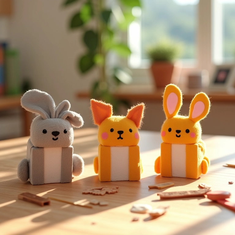 Amigurumi de caixinhas decoradas com palitos de picolé.