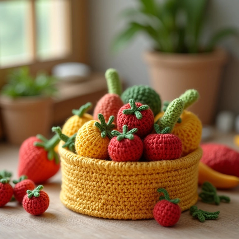 Amigurumi de caixote de feira com frutas e legumes de crochê.