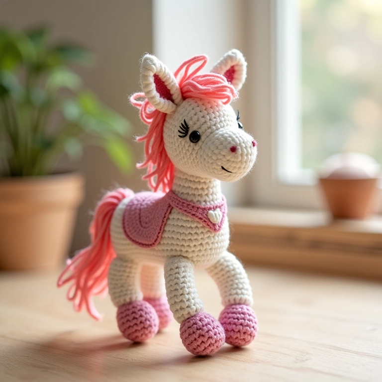 Amigurumi de carrossel em crochê, cores pastel.