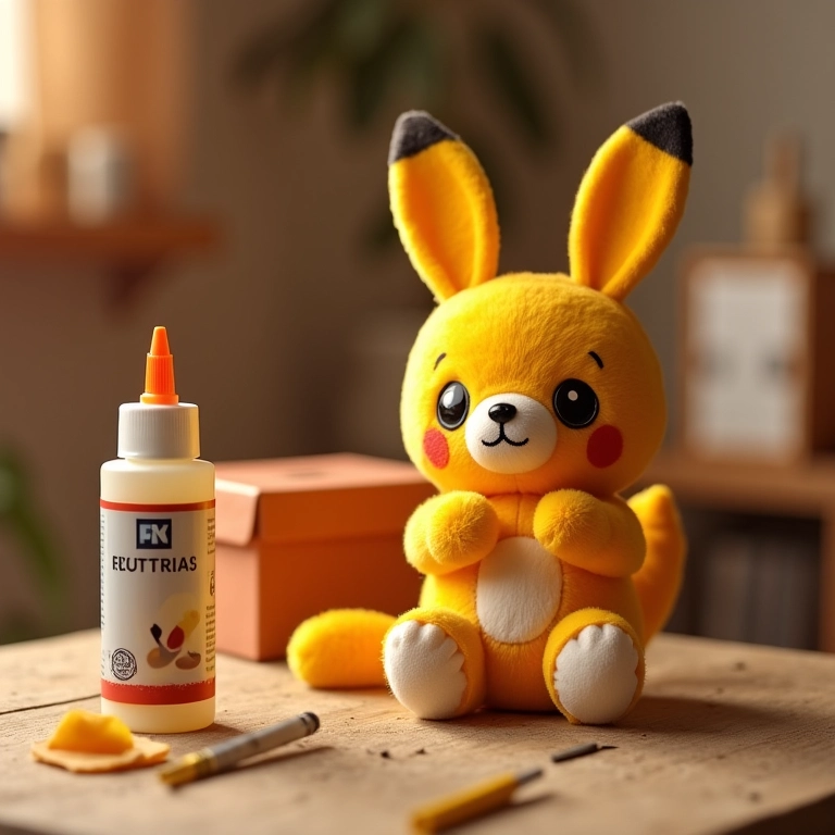 Amigurumi de cola e caixa de sapato em cena de artesanato.