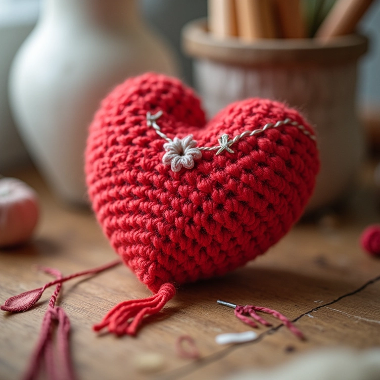 Amigurumi de coração com detalhes de ponto cruz.