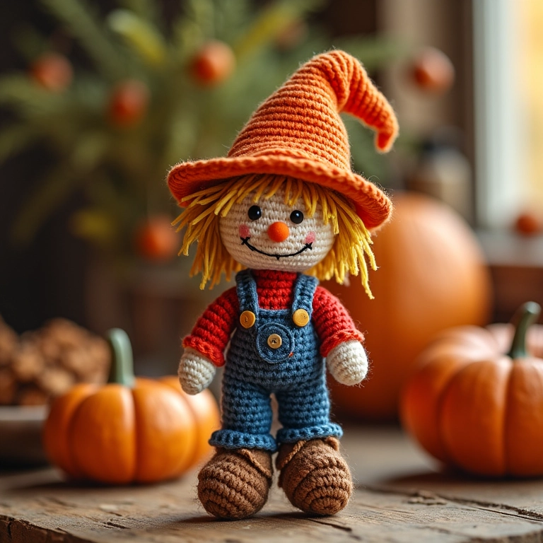 Amigurumi de espantalho de crochê detalhado, perfeito para decoração outonal.