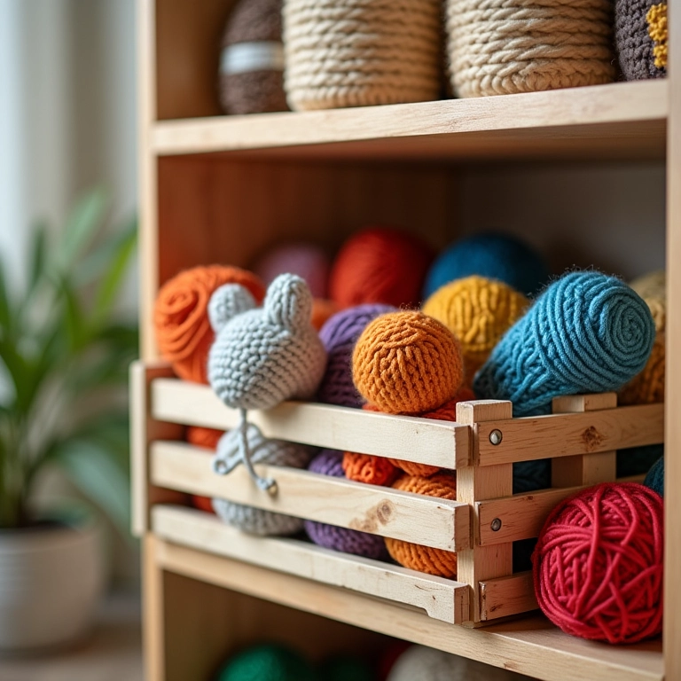 Amigurumi de estante de caixote com novelos coloridos.