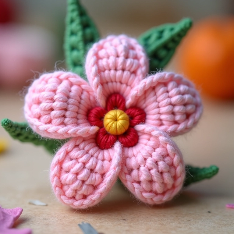 Amigurumi de flor com 6 pétalas simétricas.