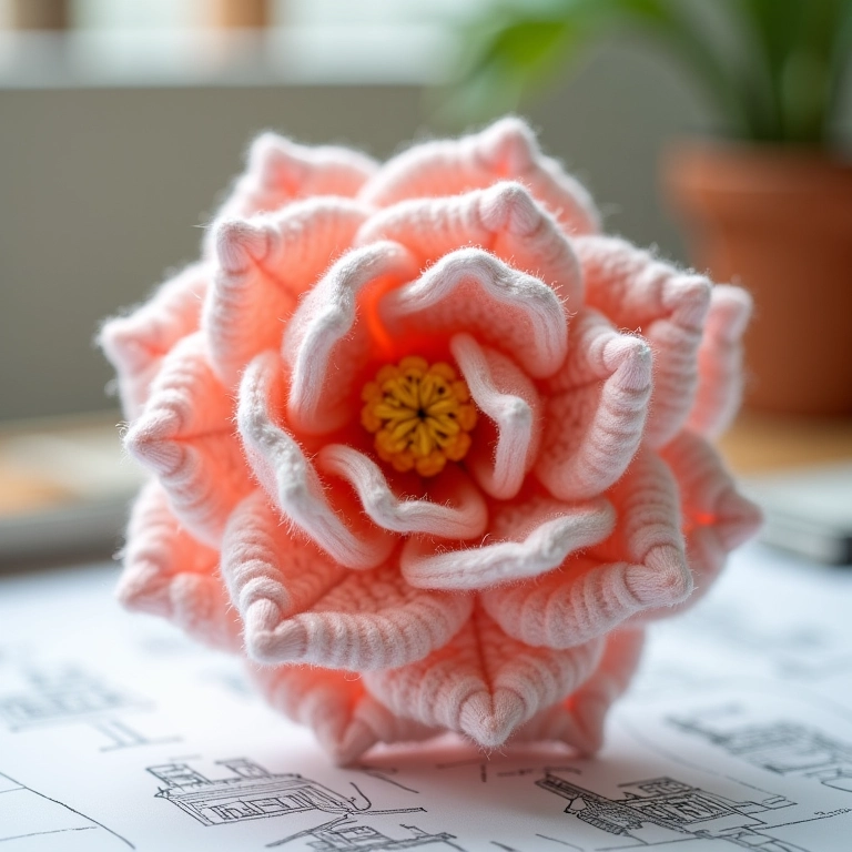 Amigurumi de flor com design exclusivo e toques de arquitetura.