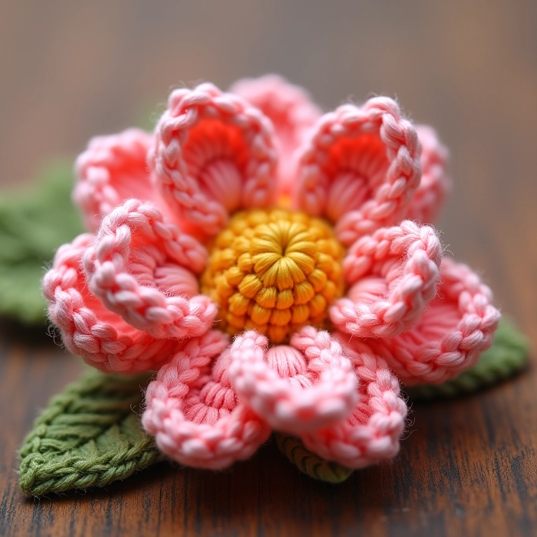 Amigurumi de flor com pétalas frisadas sobre fundo de madeira.