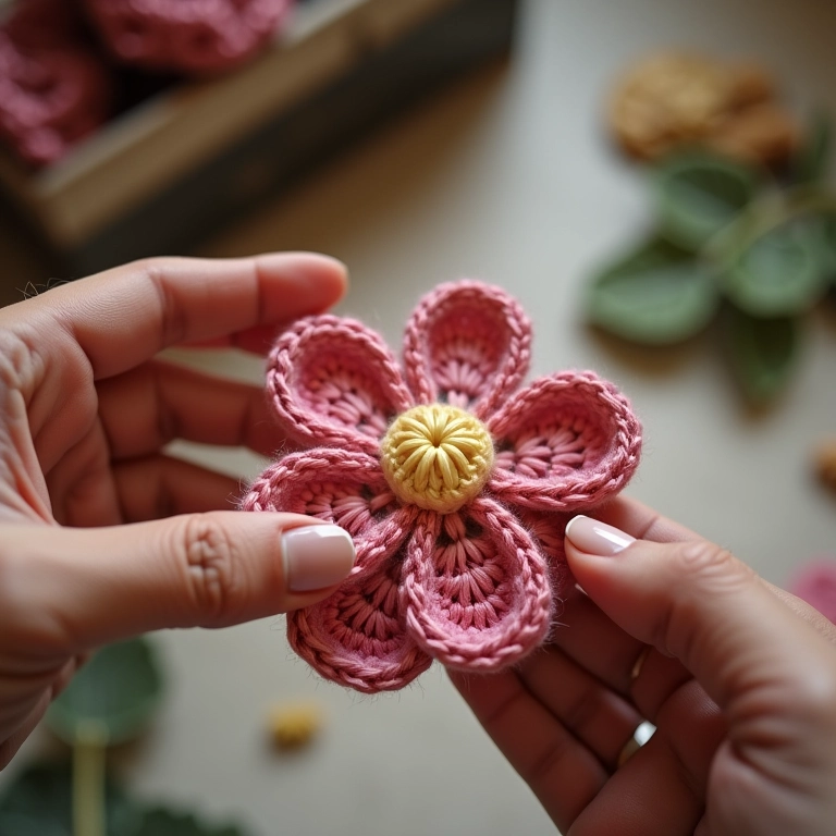 Amigurumi de flor com pétalas ovais sendo confeccionado.