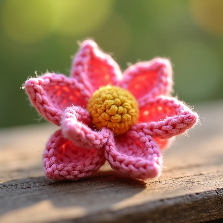 Amigurumi de flor com pétalas pontudas sobre madeira.