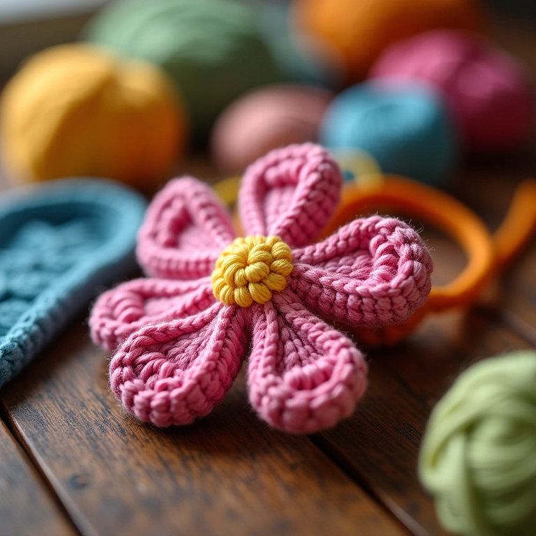 Amigurumi de flor de crochê com 6 pétalas em close-up.