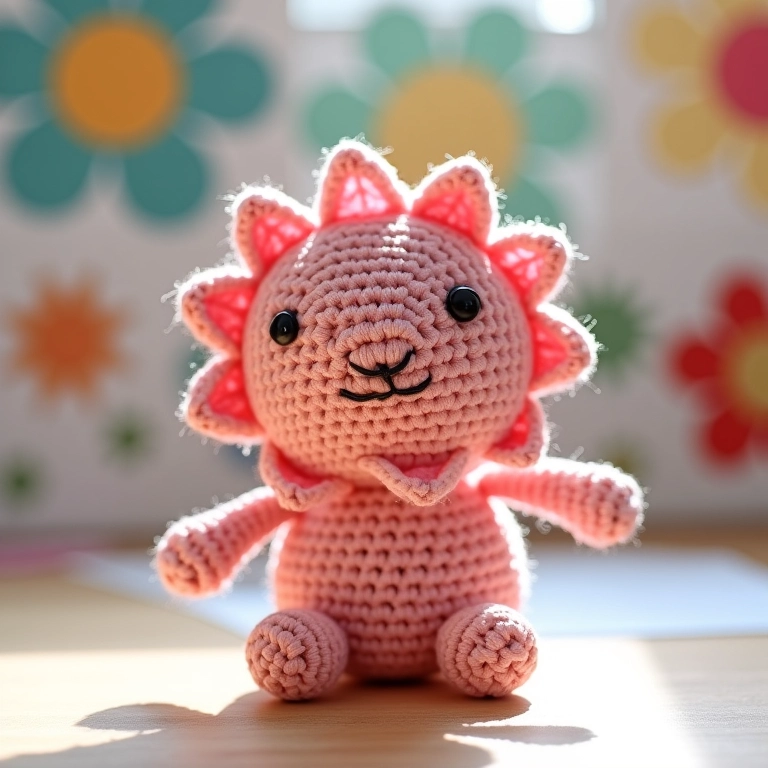 Amigurumi de flor de crochê com moldes de pétalas ao fundo.