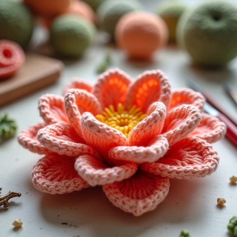 Amigurumi de flor de crochê complexa com pétalas detalhadas.