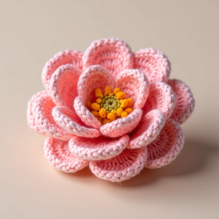Amigurumi de flor de crochê em camadas com efeito 3D.