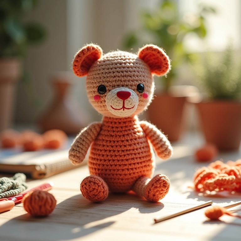 Amigurumi de flor de crochê em mesa de artesanato.