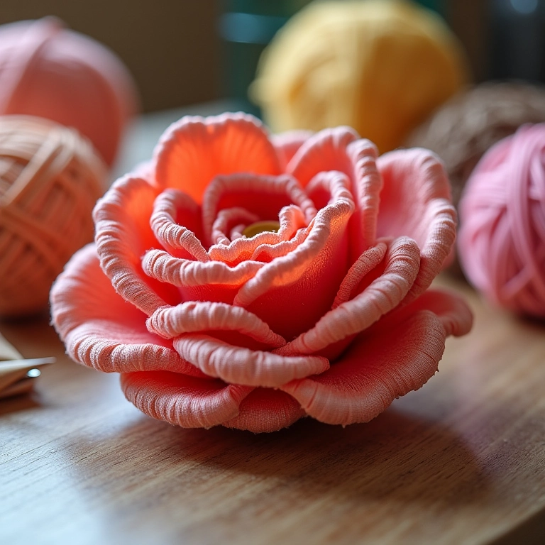 Amigurumi de flor de fita de cetim em crochê, detalhe da textura.