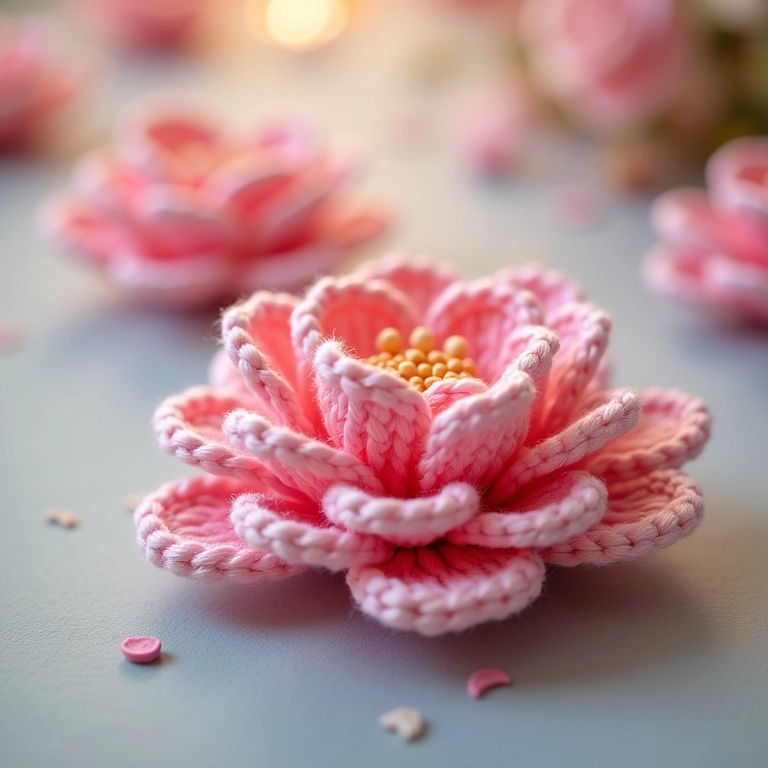 Amigurumi de flor de fita de cetim para tiara, cores pastel.