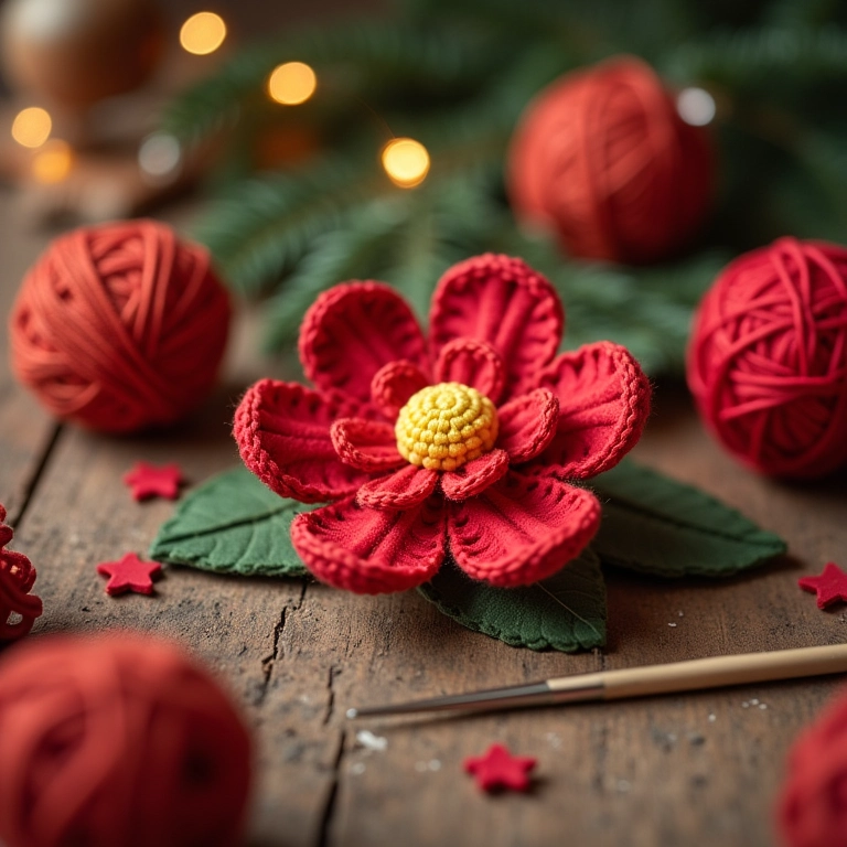 Amigurumi de flor de Natal em feltro para decoração.