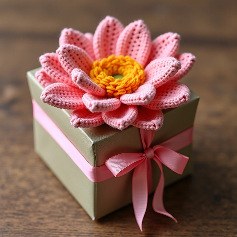 Amigurumi de flor embalado para presente.