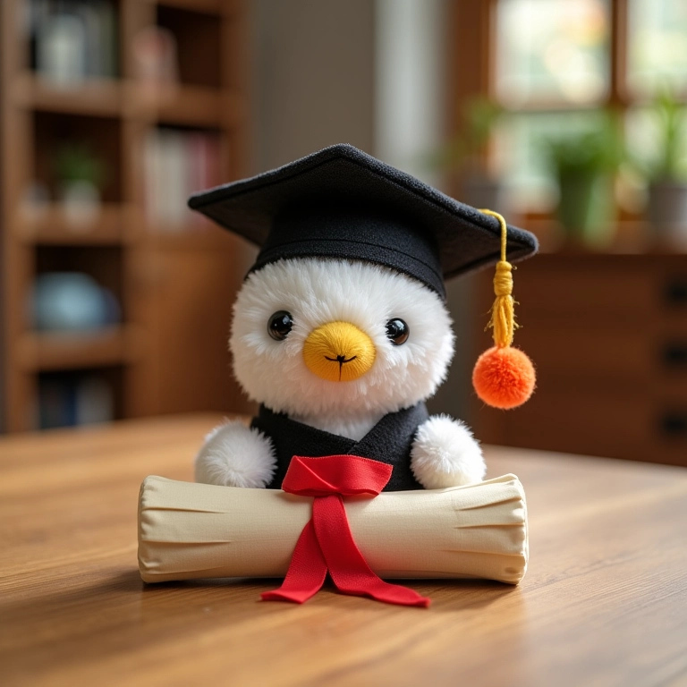 Amigurumi de formatura com capelo e diploma.