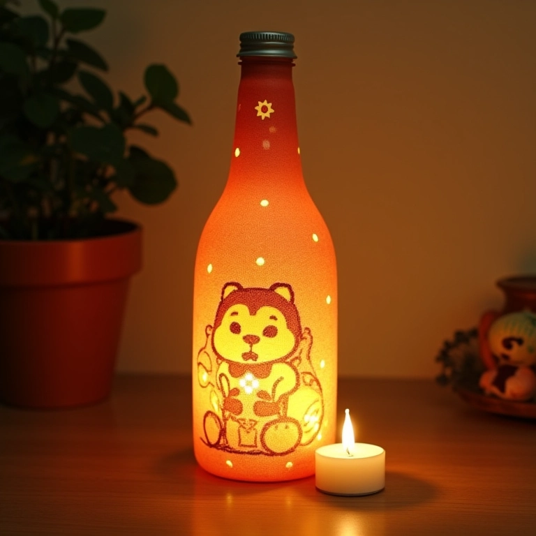 Amigurumi de garrafa com decoupage como porta-velas.